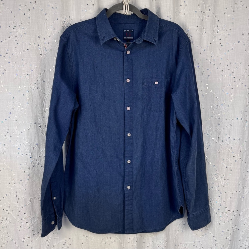 Goodale Men’s Button-Up Shirt – Large – Linen Cotton Blend – Denim Blue